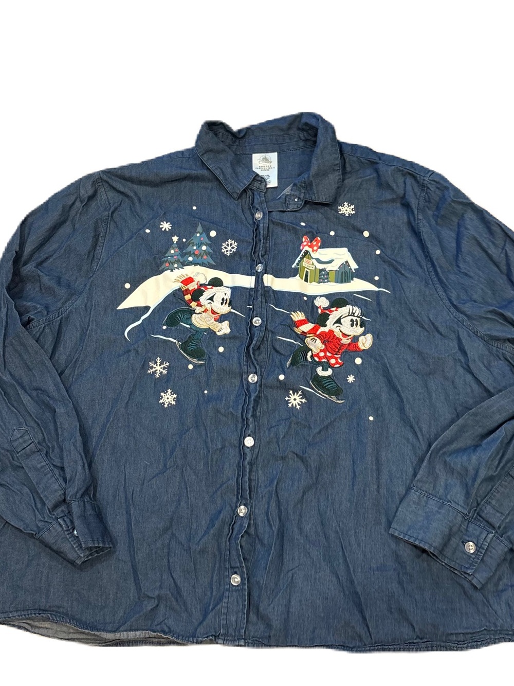 2021 Disney Parks Christmas Denim Jean Button Long Sleeve Shirt Mickey 2X